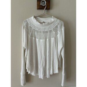 Free People Womens Size XS White Waffle Knit Top Lace Trim Long Sleeve